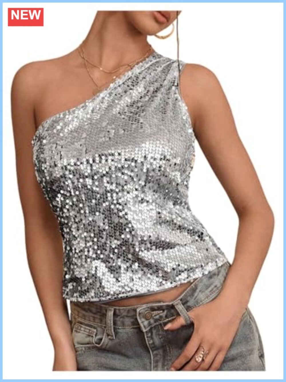 Sparkly One Shoulder Sequin Crop Top Sleeveless Party Glam